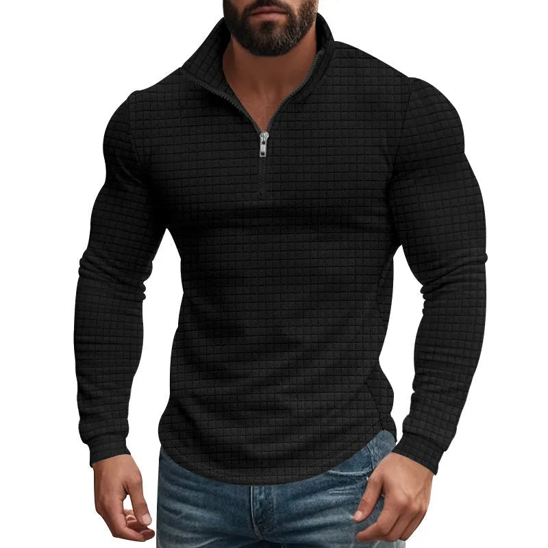 Half zip plaid pullover sweater with stand collar and long sleeves in white, black, wine red, army green, khaki or grey.