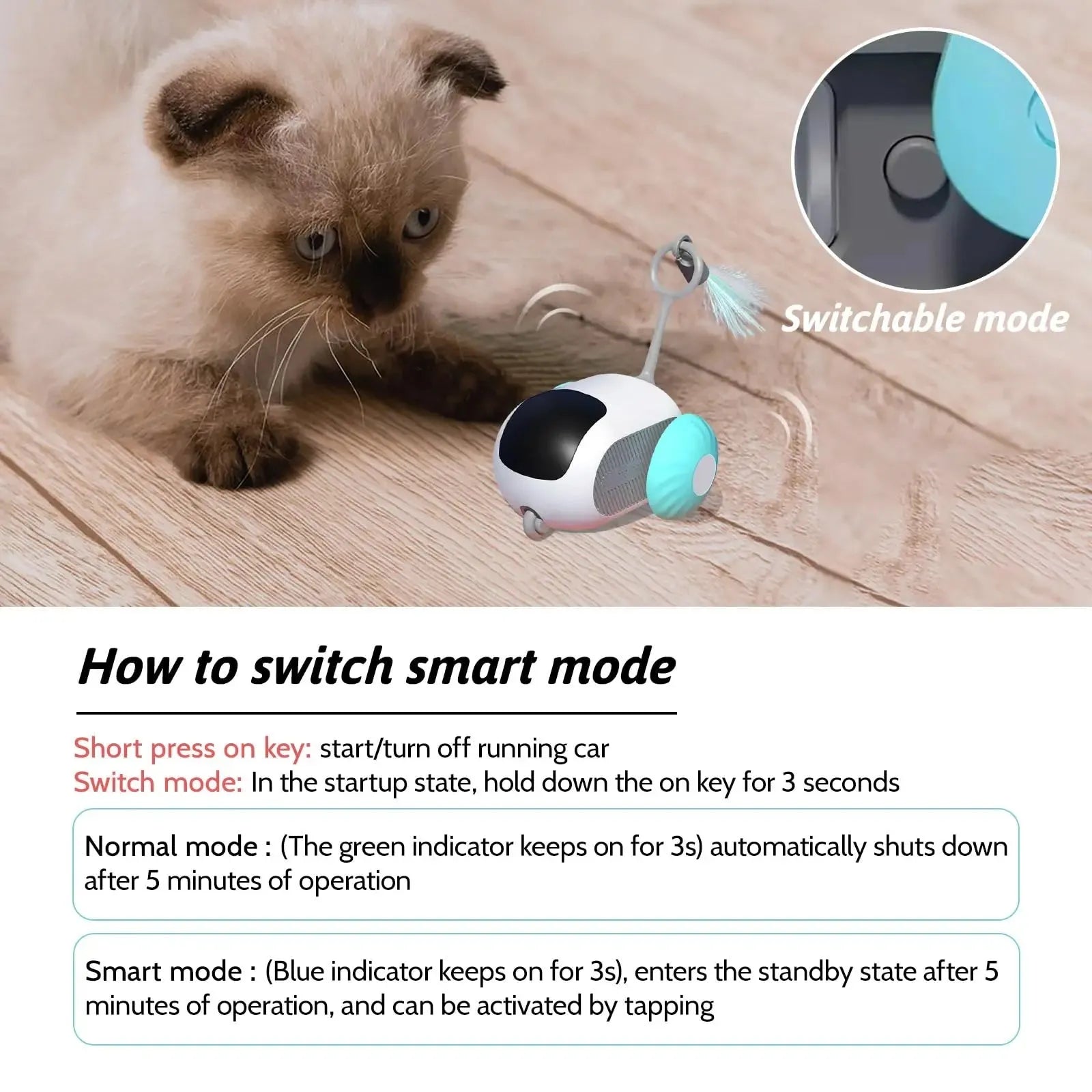 Interactive remote control cat toy car with feather teaser attachment in blue or orange colours