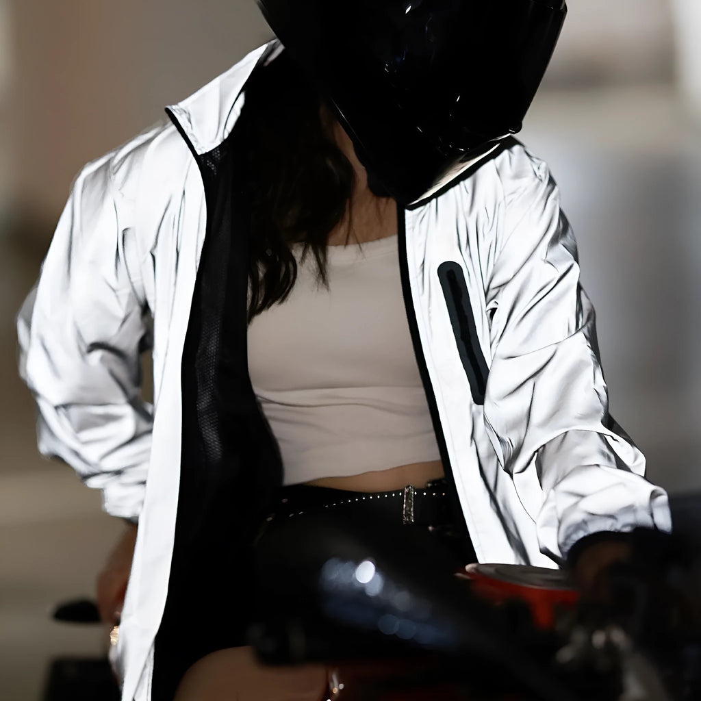Silver waterproof polyester long sleeve windproof jacket showing size options