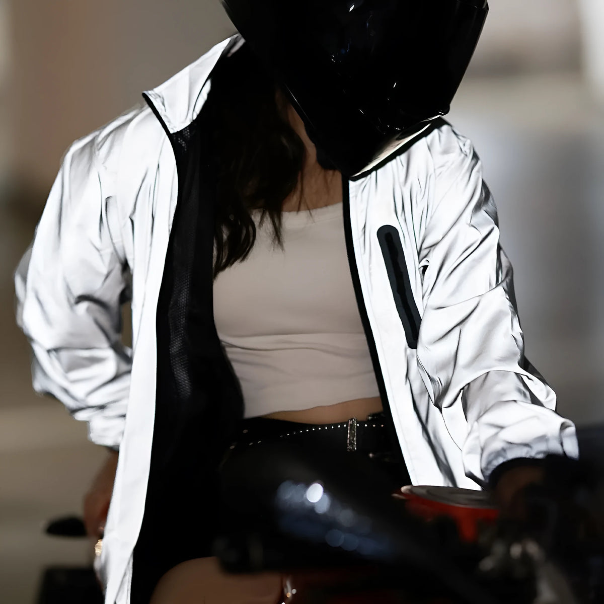 Silver waterproof polyester long sleeve windproof jacket showing size options