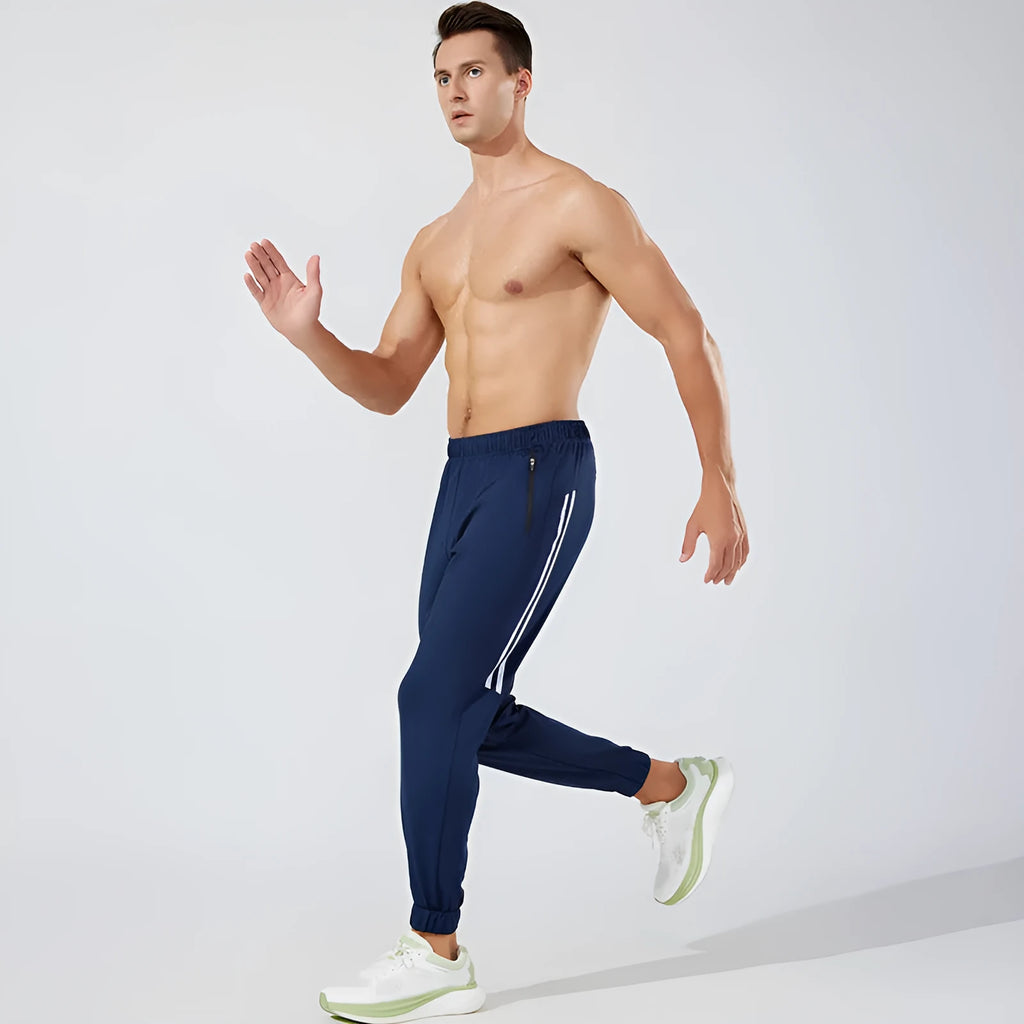 Men's mid waist running trousers in black and navy blue colours with polyester breathable fabric