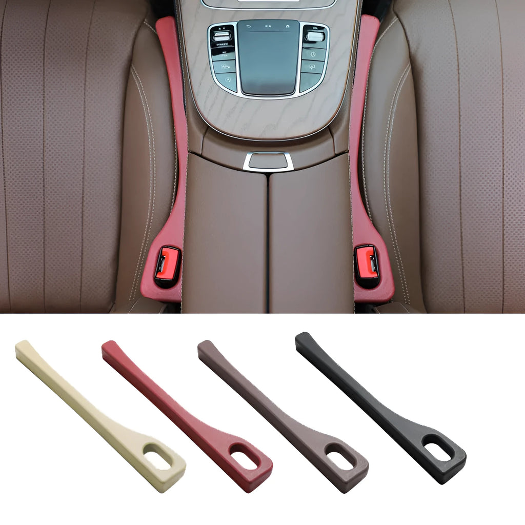 Flexible polyurethane car seat gap filler strip in various colours: beige, black, brown, red, green.