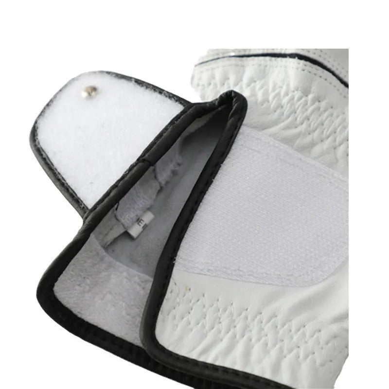 White half sheepskin men's golf glove for left or right hand, showing textured palm.