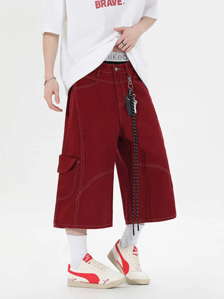Retro denim wide-leg cropped trousers with multiple pockets, shown in red and black colour options.