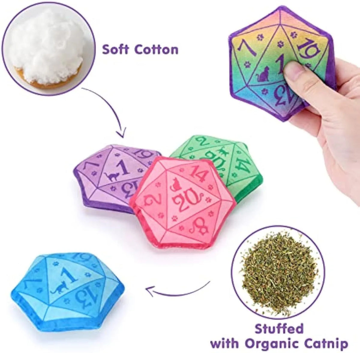 Soft plush dice-shaped cat toy in multiple colour options including blue and gradient purple.