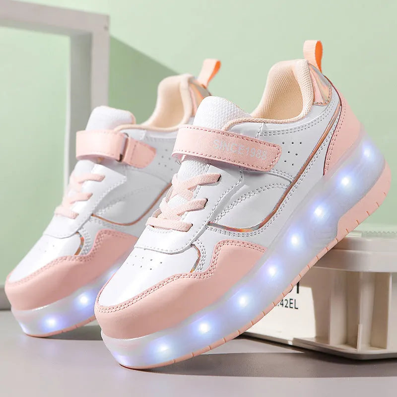 Children's charging flash rollerskates with LED illuminated wheels in multiple colour options