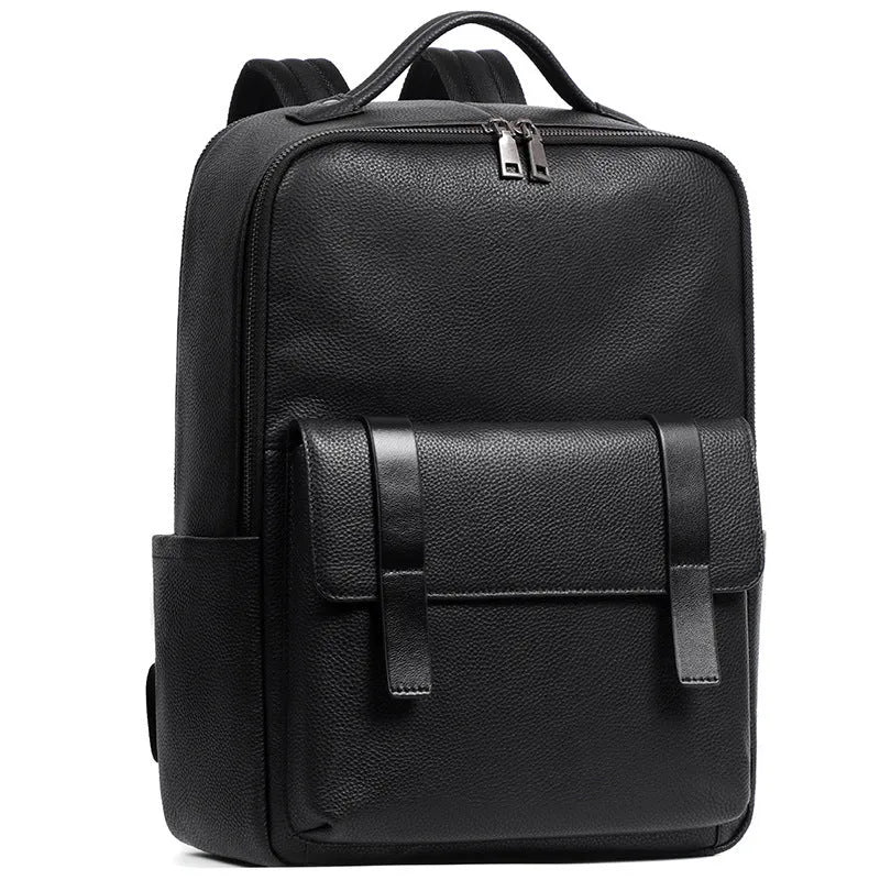 Men's black genuine leather computer backpack with weaving detail and large 36-55L capacity.
