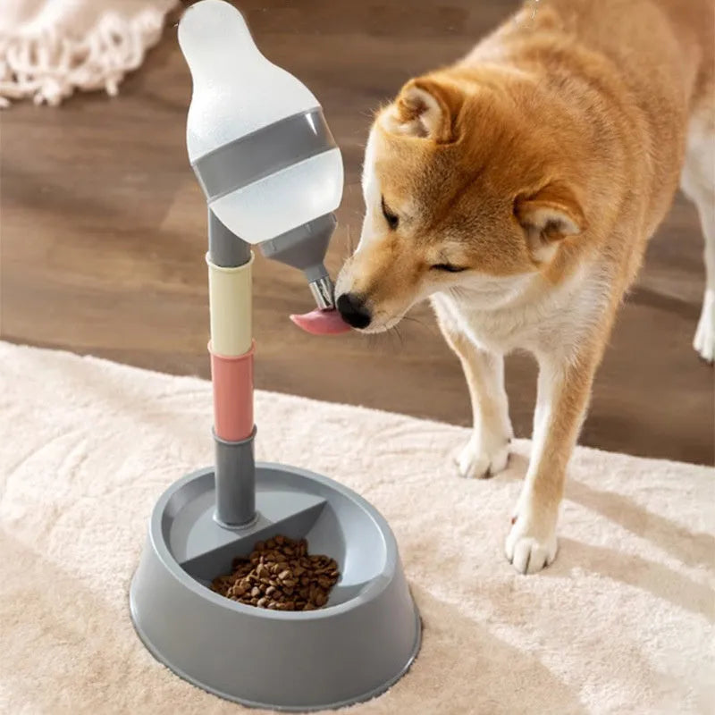 Green adjustable height pet water dispenser with detachable pole and separate bowl