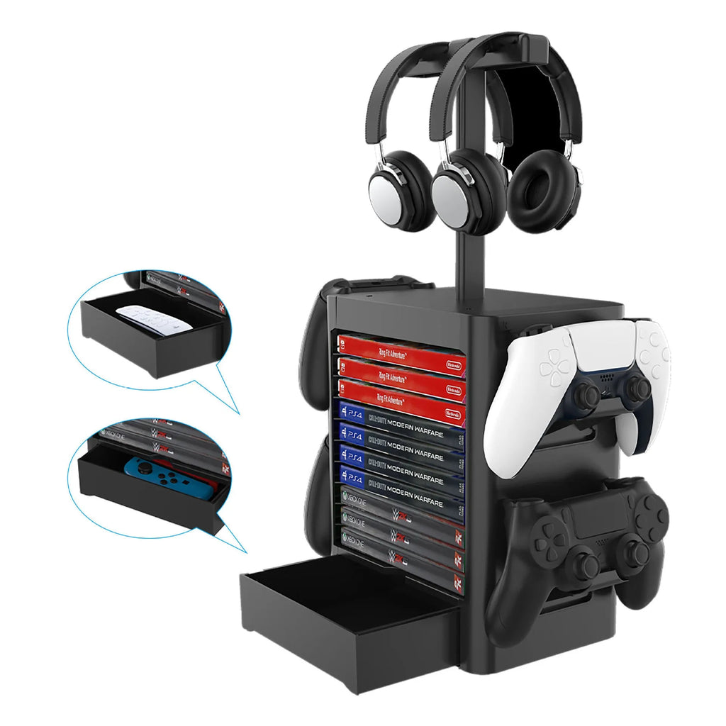 Black universal game console storage rack with headphone stand and drawer for controllers and games