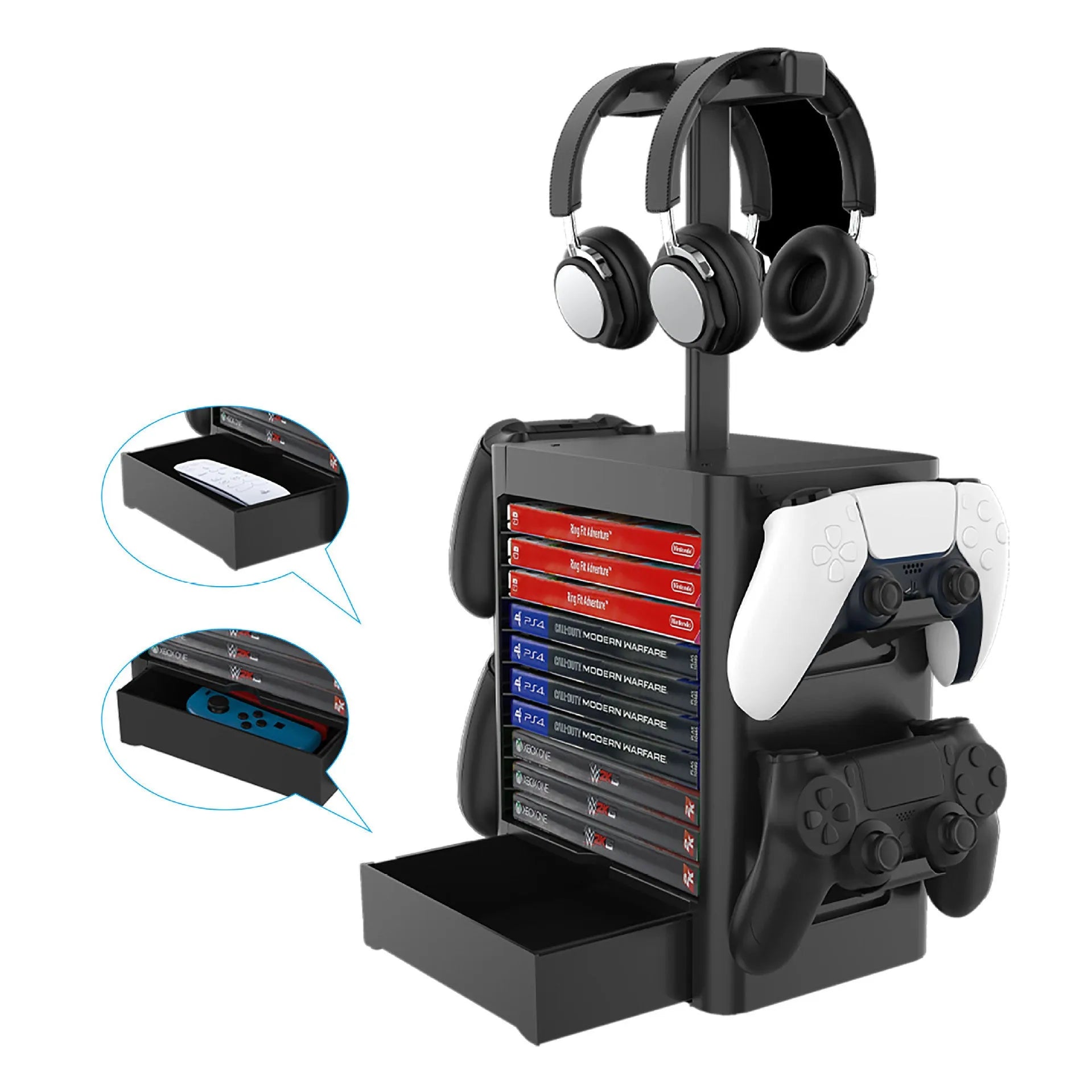 Black universal game console storage rack with headphone stand and drawer for controllers and games