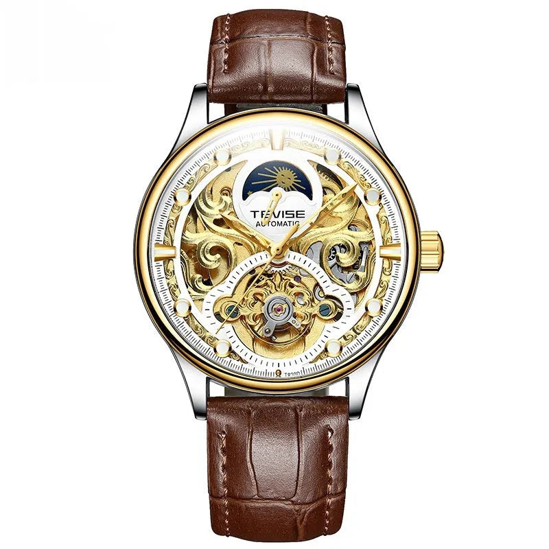 Men's waterproof automatic mechanical watch with 16mm thickness and leather strap