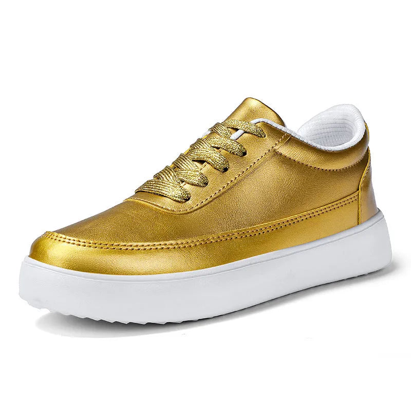 Women's leather lace-up casual flat shoes in gold, silver, and white colour options