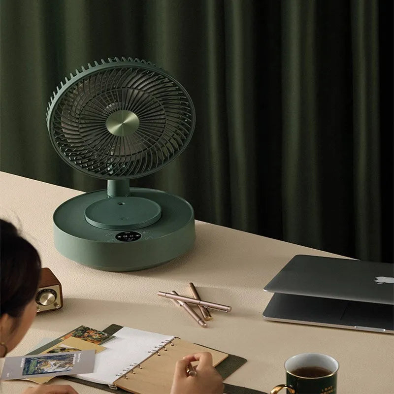 Green rechargeable storage floor electric fan in vertical configuration with telescopic folding design