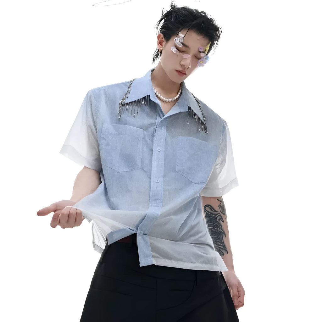 Blue gradient men's casual shirt with half sleeves and loose fit for summer