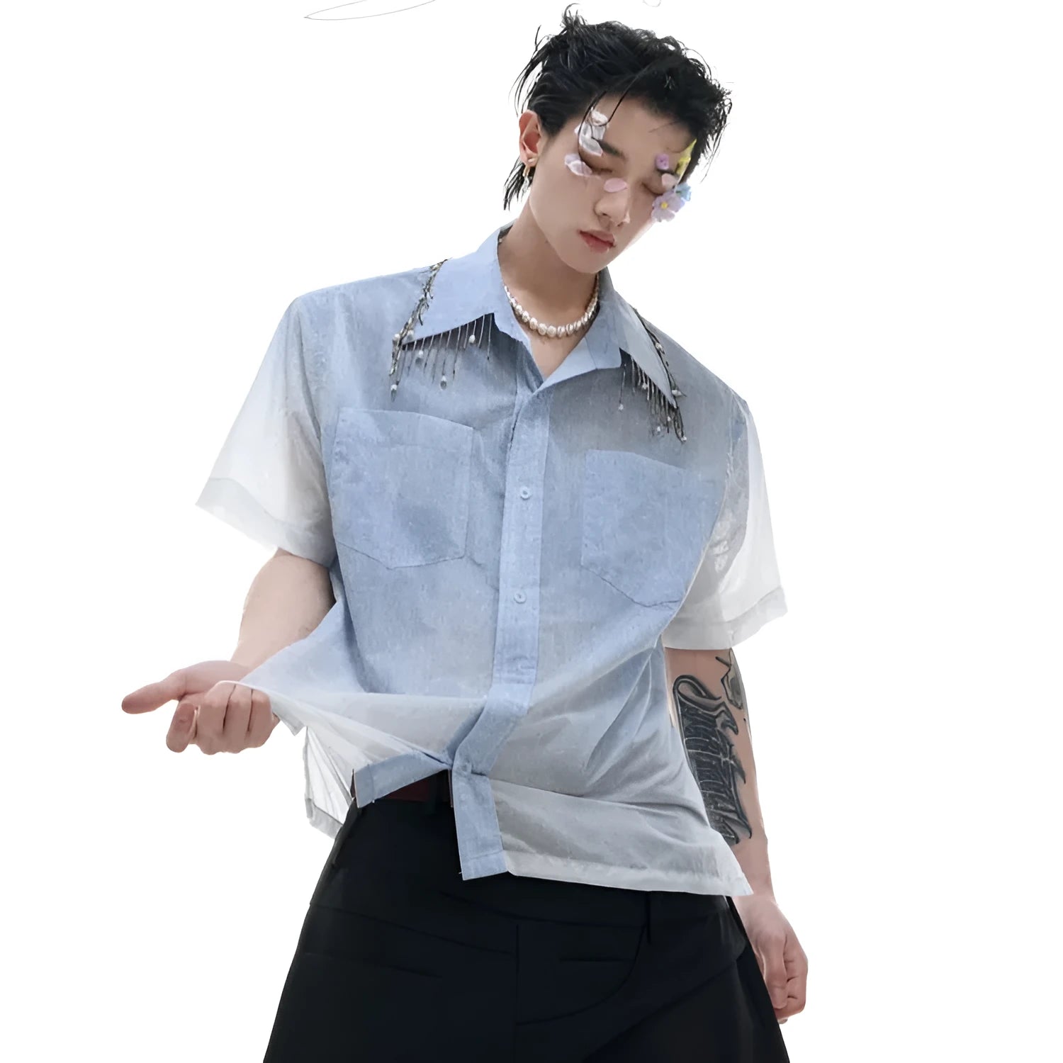 Blue gradient men's casual shirt with half sleeves and loose fit for summer