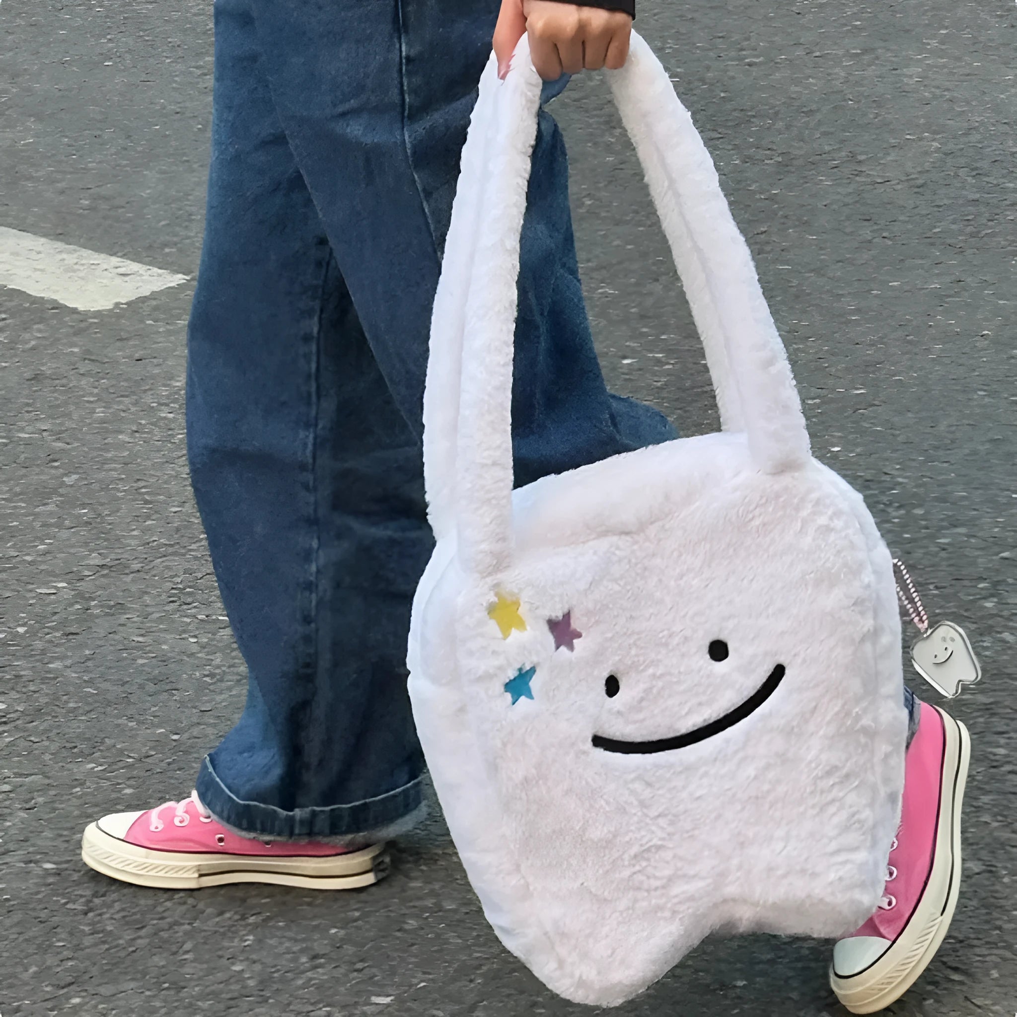 White plush shoulder tote bag with cute teeth design and zipper closure