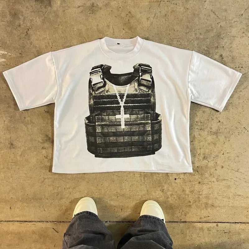Printed cotton short sleeve t-shirt with retro street style and drop shoulder design in contrast colours