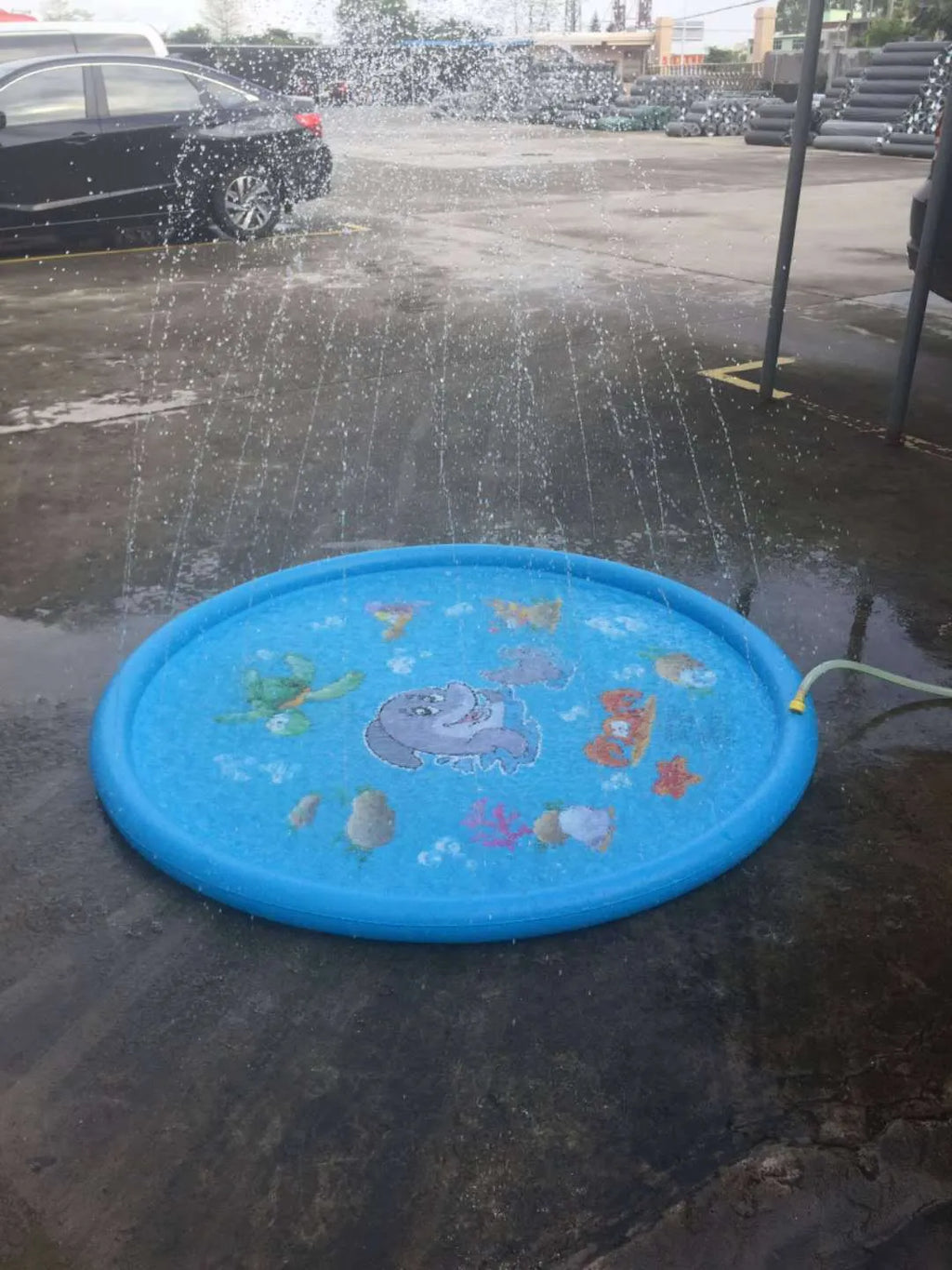 Blue children's water spray play mat with marine animal graphics for outdoor garden use