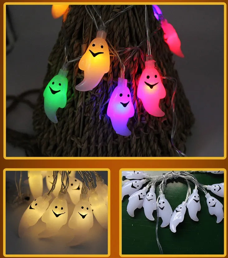 Halloween LED string lights with pumpkin, bat and ghost pendants on 1.2 metre waterproof cord
