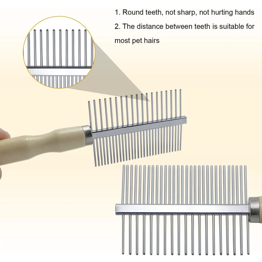 Wooden handle pet grooming comb with rounded needles for dogs and cats