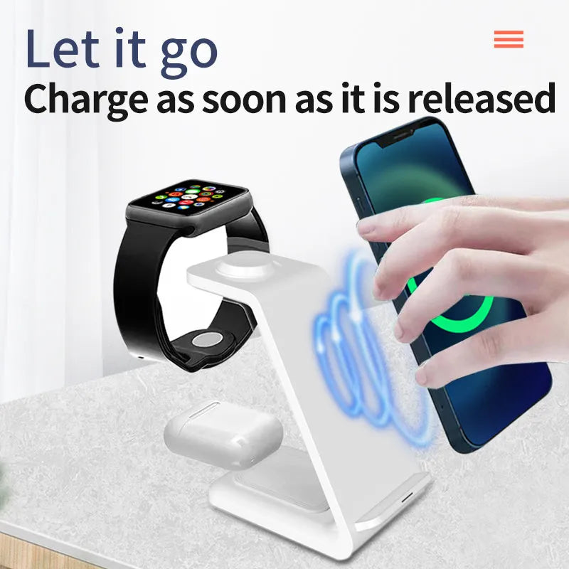White 3-in-1 dual coil wireless charging stand holding a mobile phone upright on a desk.