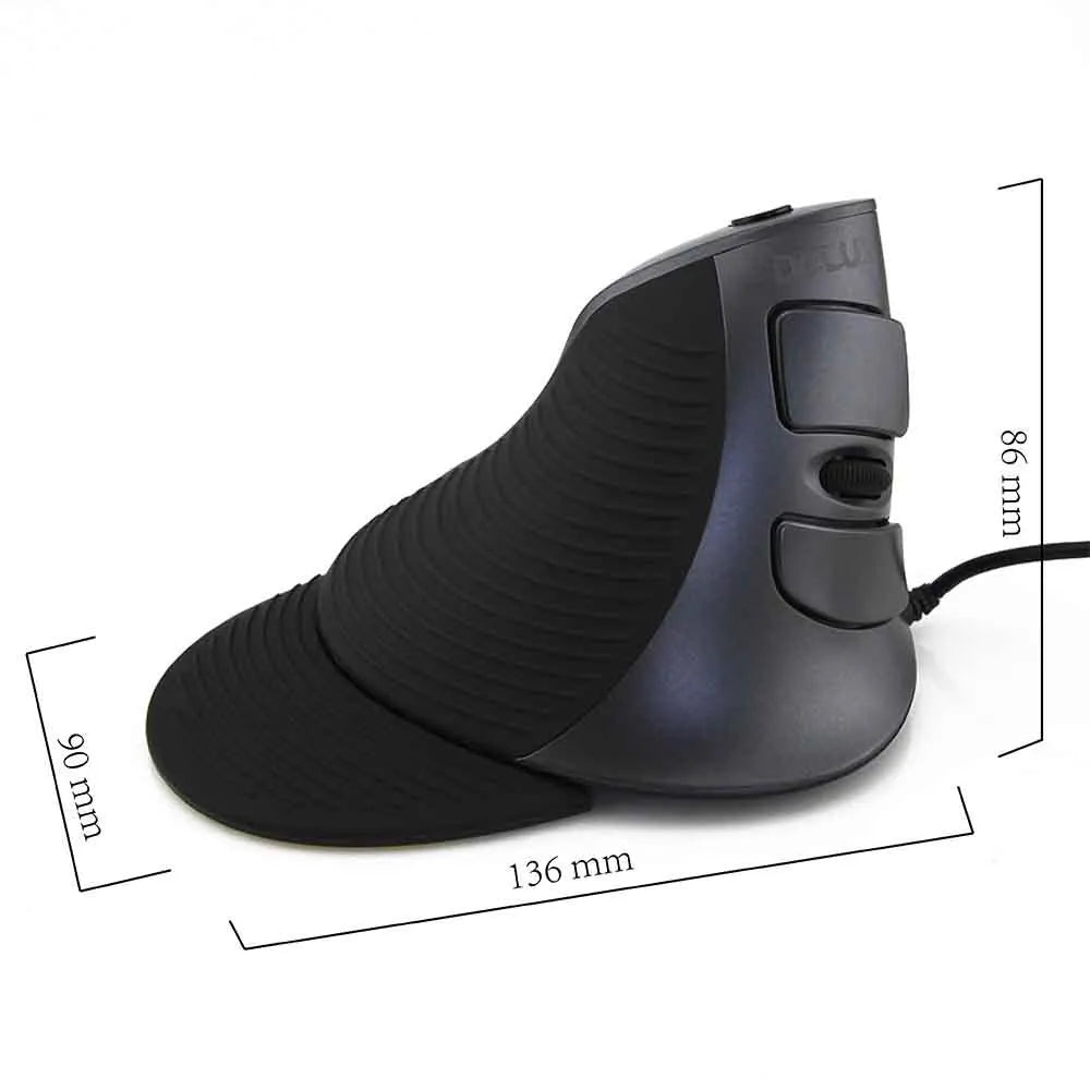Black and white ergonomic vertical wired optical mouse for desktop computers, shown in a natural handshake grip.