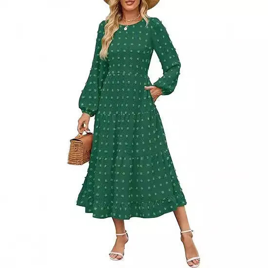 Women's long sleeve autumn dress with ruffle sleeves and high waist in a solid colour.
