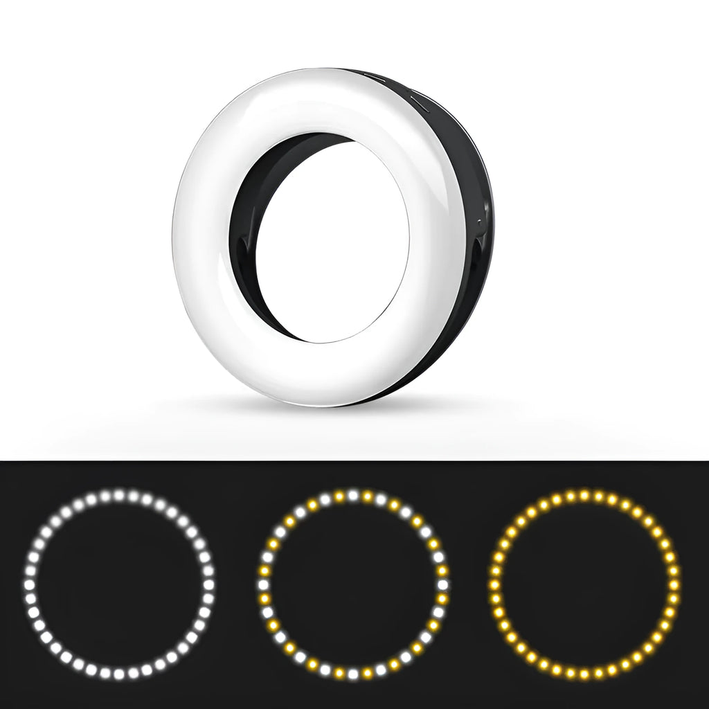 Compact black LED selfie ring light for mobile phones with USB cable.