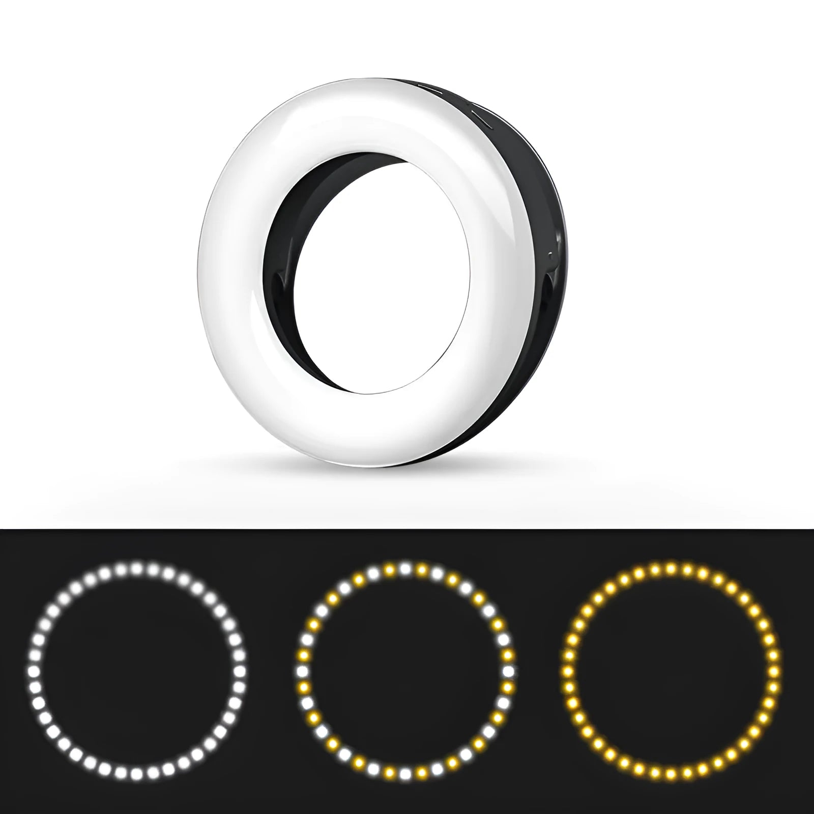 Compact black LED selfie ring light for mobile phones with USB cable.