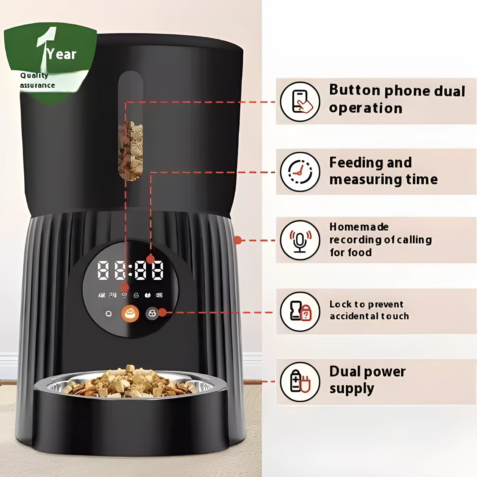 Black automatic pet feeder with digital display and food compartment