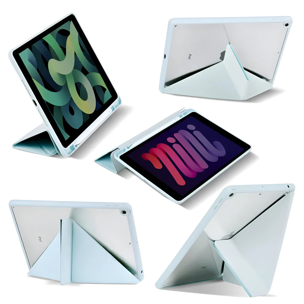 Imitation leather iPad case in grey, folded into a stand position, showing Apple Pencil slot on the side.
