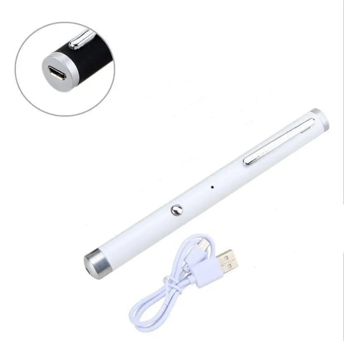 Green laser pointer pen in black, white, and camouflage colour options showing metal body construction.