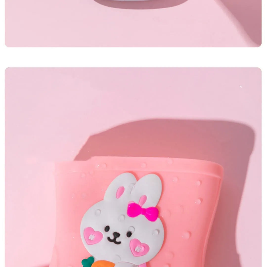 Children's cartoon rain boots with love rabbit pattern, PVC waterproof upper, non-slip sole, sizes 14-20cm.