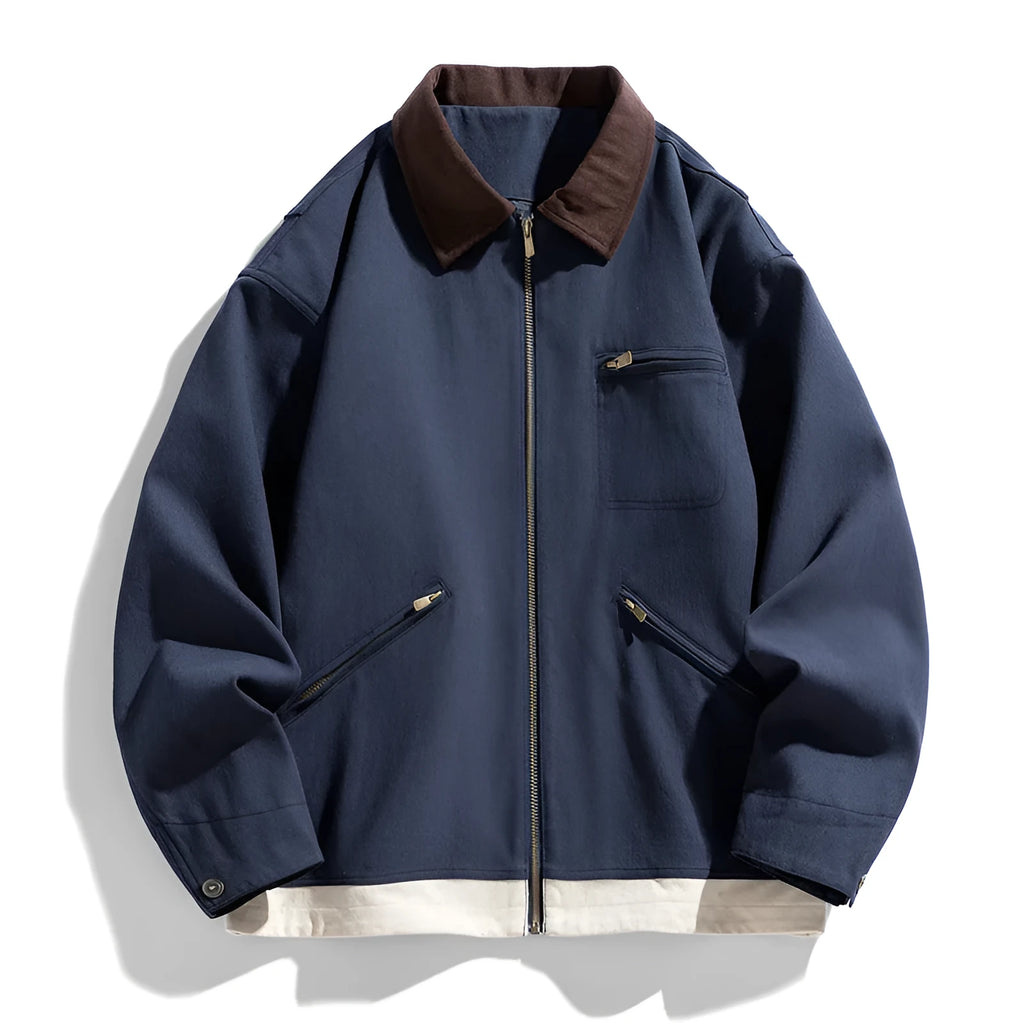 Men's Korean style retro workwear jacket with contrast lapels and side pockets