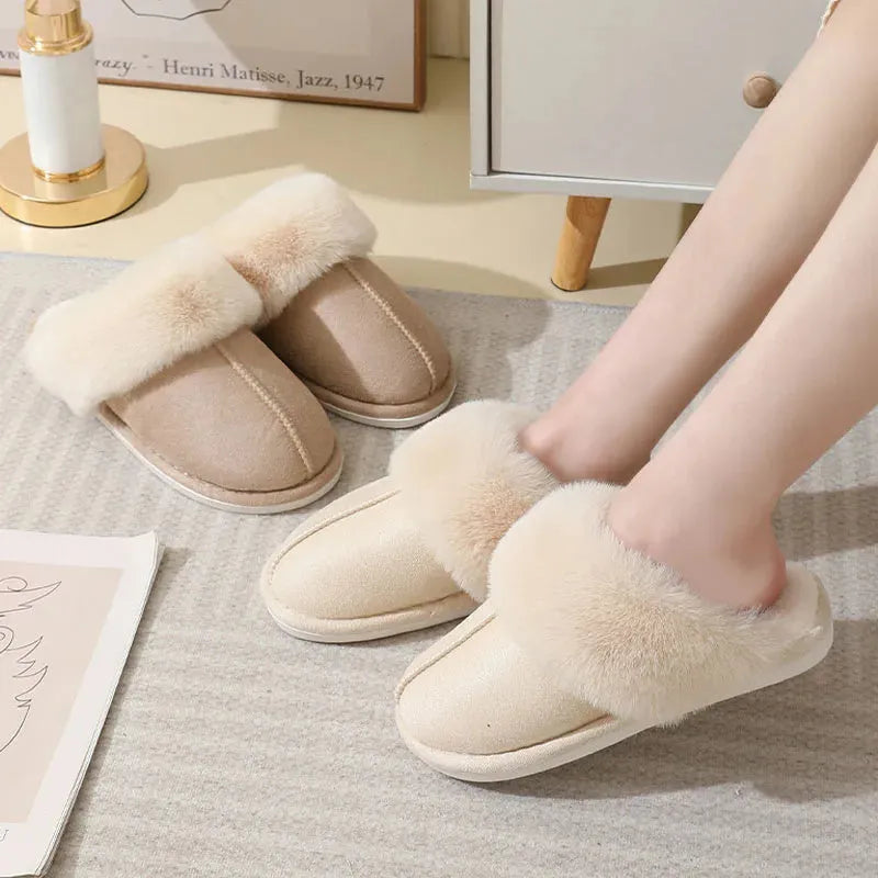 Women's winter plush indoor slippers in brown with anti-slip PVC sole and artificial wool insole