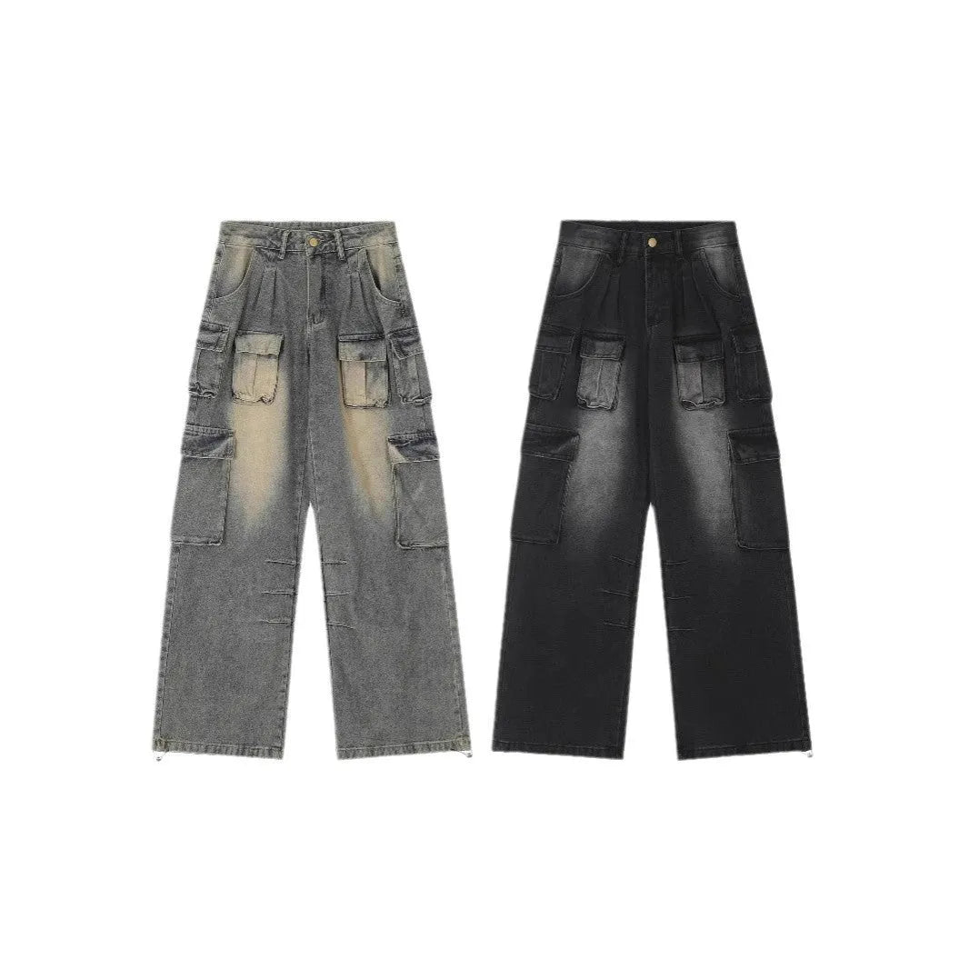 Light blue loose-fit denim jeans with multiple pockets and distressed finish
