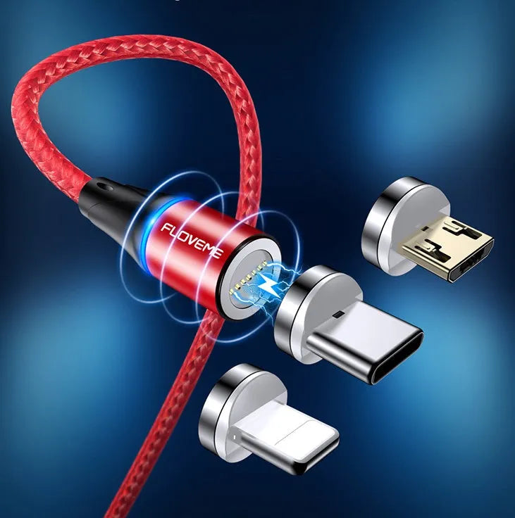 Black magnetic 3-in-1 fast charge data cable with side lighting for iPhone and Android phones