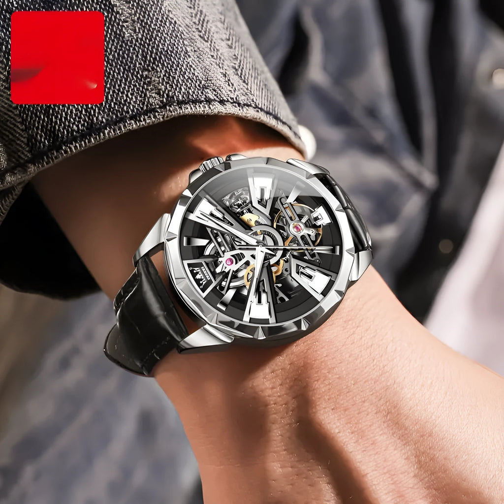Men's automatic mechanical watch with hollow barrel dial on leather strap, stainless steel case.