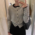 Women's dark grey and white striped viscose cardigan coat with 40cm short length and slim fit