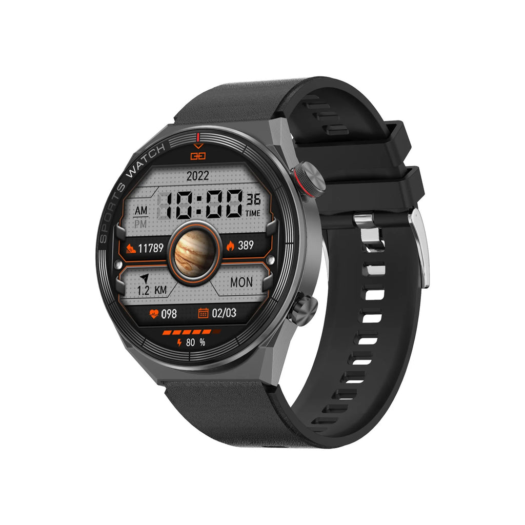 Large screen Bluetooth smart watch showing display interface with black case and silicone strap