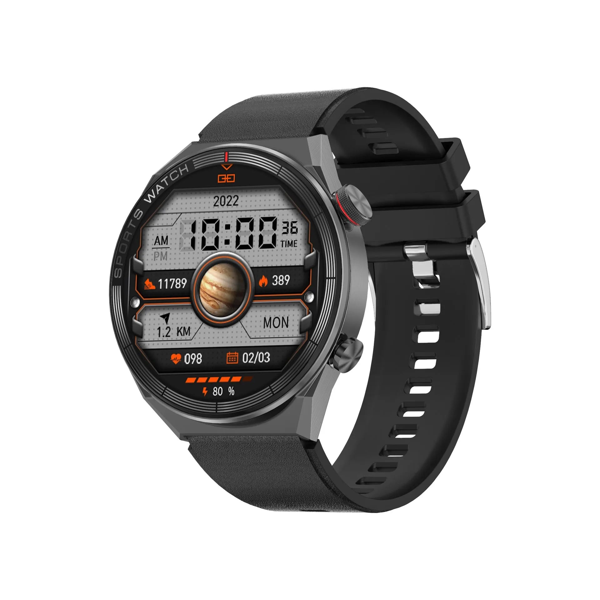 Large screen Bluetooth smart watch showing display interface with black case and silicone strap
