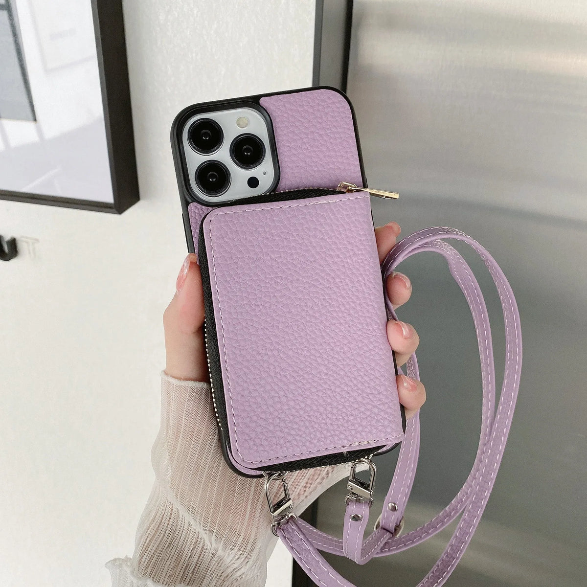 Litchi patterned black iPhone protective case showing textured back and side fit.