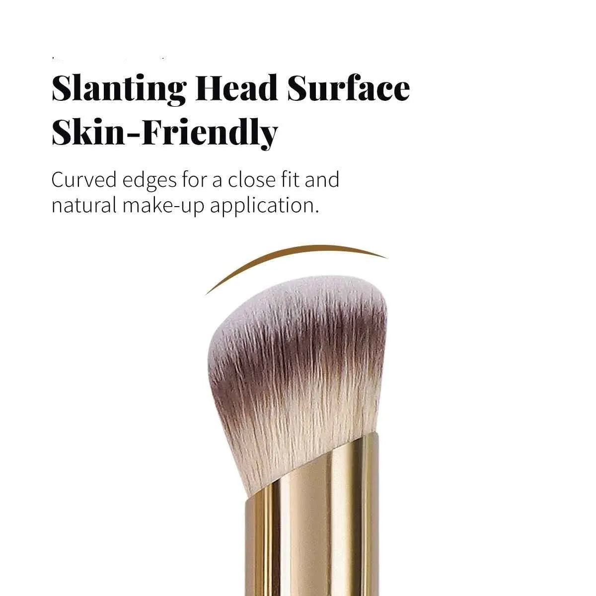Five apricot-coloured angled makeup blush brushes with synthetic bristles arranged together