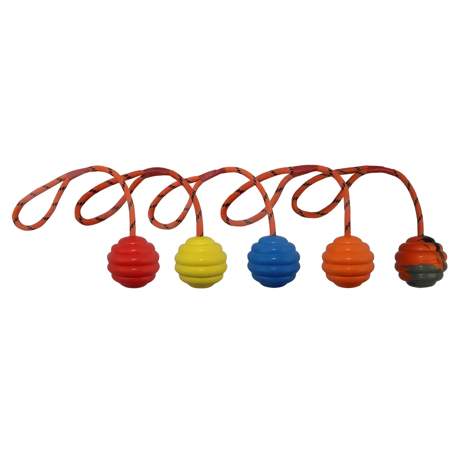 Multi-colour rubber pet toy ball with rope knot design for molar cleaning and interactive play.