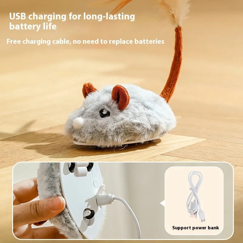 Electric cat toy with plush mouse on pole, available in pink, purple or dark grey