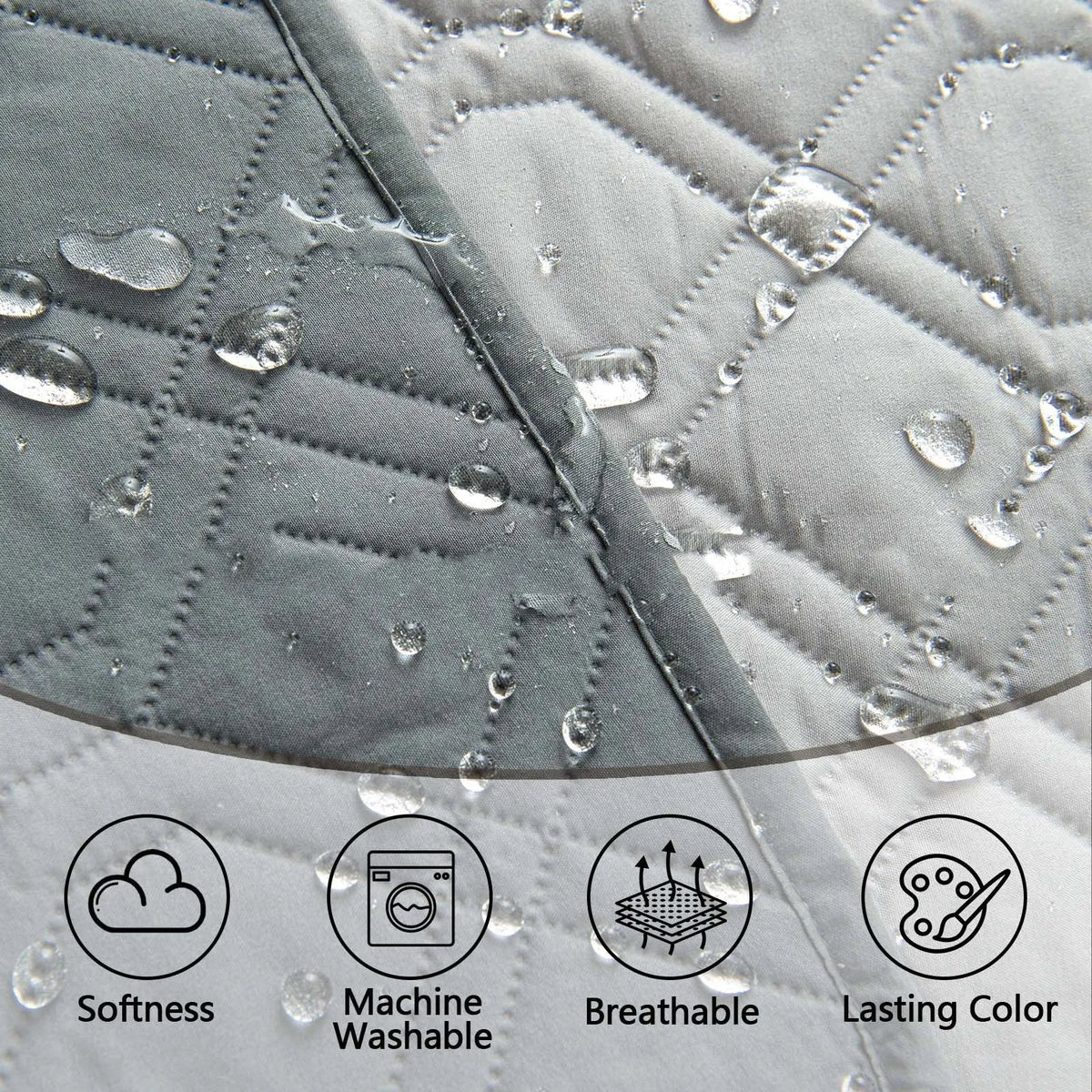 Dark grey and light grey double-sided waterproof dog cushion on a sofa