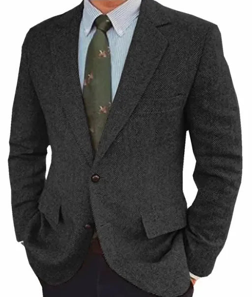Men's brown herringbone pattern suit jacket with long sleeves and a retro business casual style.