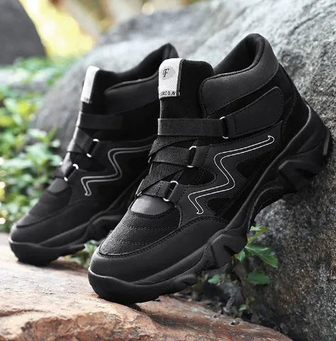 Men's black lace-up casual shoes with stitched detailing on a white background.