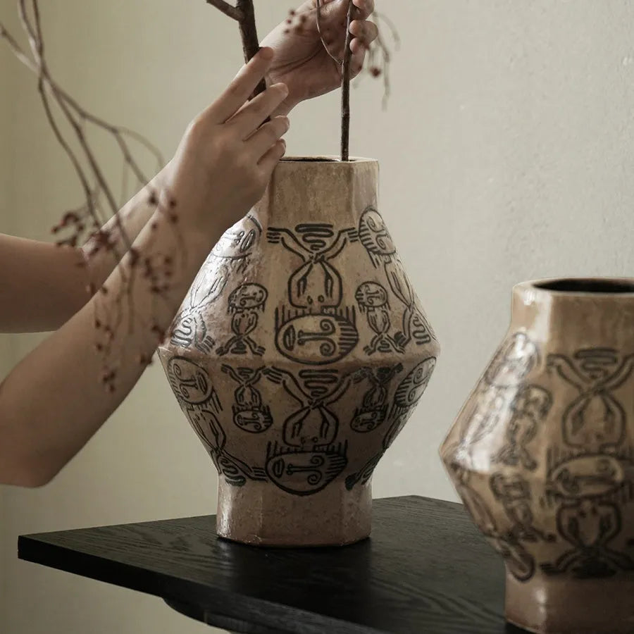 Hand-painted ceramic cylindrical table vase with carved religious and symbolic tribal totem flower patterns in large or small size