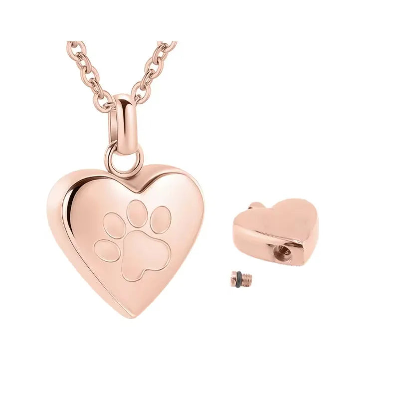 Openable heart-shaped titanium steel casket necklace with paw print design in silver finish